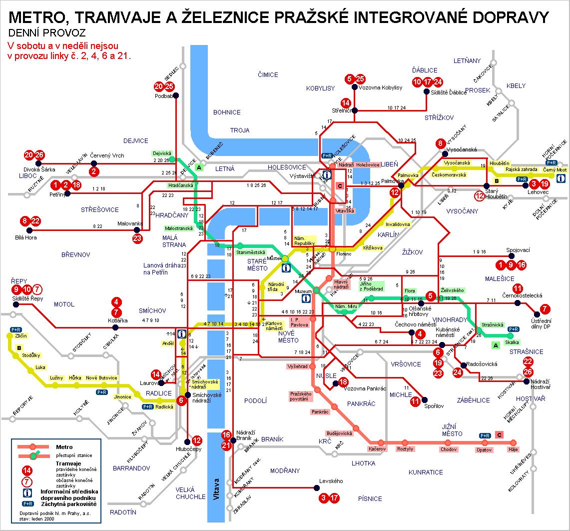 map of tram, subway and railroad in Prague